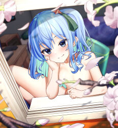 Rule 34 | 1girl, absurdres, aqua hair, blue eyes, blue hair, blush, breasts, cherry blossoms, closed mouth, colored inner hair, completely nude, convenient censoring, flat chest, hair between eyes, hair ribbon, highres, hololive, hoshimachi suisei, looking at viewer, medium hair, multicolored hair, nude, oishi kuwagata, ribbon, side ponytail, small breasts, smile, solo, star (symbol), star in eye, symbol in eye, virtual youtuber