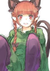 Rule 34 | 1girl, :d, animal ears, bow, braid, cat ears, dress, extra ears, fangs, fumikiri (dake no hito), green dress, highres, kaenbyou rin, knees up, looking at viewer, multiple tails, nekomata, open mouth, pointy ears, red eyes, red hair, simple background, sitting, sketch, smile, solo, tail, touhou, twin braids, two tails, white background