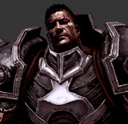 Rule 34 | 1boy, armor, black eyes, black hair, breastplate, closed mouth, cropped, darius (league of legends), grey background, highres, league of legends, male focus, pauldrons, realistic, scar, scar across eye, scar on face, scratches, seung eun kim, shoulder armor, simple background, solo, upper body