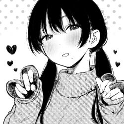 Rule 34 | 1girl, blush, commentary, greyscale, grin, hair over shoulder, half-closed eyes, hands up, head tilt, heart, long hair, long sleeves, looking at viewer, low twintails, mole, mole on neck, mole under mouth, momokumo, monochrome, narrowed eyes, original, pinching sleeves, polka dot, polka dot background, portrait, smile, solo, sweater, turtleneck, turtleneck sweater, twintails