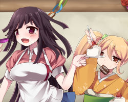 Rule 34 | 1other, 2girls, apron, black hair, blonde hair, blue skirt, blush, bow, breasts, brown eyes, cake, cake slice, cat hair ornament, commentary request, danganronpa (series), danganronpa 2: goodbye despair, food, food theft, fruit, furisode, hair bow, hair ornament, happy birthday, holding, holding plate, hoshihuri, japanese clothes, kimono, large breasts, long hair, mole, mole under eye, mouth hold, multiple girls, obi, open mouth, pink shirt, plate, puffy short sleeves, puffy sleeves, saionji hiyoko, sash, shirt, short sleeves, skirt, smile, strawberry, tsumiki mikan, twintails, waitress, white apron