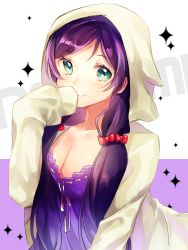 Rule 34 | 10s, 1girl, animal hood, bow, breasts, cleavage, dress, green eyes, hair bow, hair ornament, hair over shoulder, hood, hoodie, large breasts, long hair, long sleeves, love live!, love live! school idol festival, love live! school idol project, nightgown, purple dress, purple hair, red bow, ribbon-trimmed clothes, ribbon trim, smile, solo, sparkle, tiny (tini3030), tojo nozomi