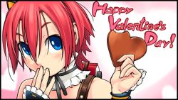 Rule 34 | 1girl, bikininja, blue eyes, candy, chocolate, chocolate heart, choker, covering own mouth, food, frilled choker, frills, hand over own mouth, heart, holding, looking at viewer, red hair, short hair, solo, valentine, wang-pac