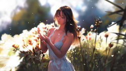 Rule 34 | 1girl, blurry, blurry background, breasts, brown eyes, brown hair, closed mouth, day, dress, facing viewer, g-tz, highres, lips, long hair, medium breasts, original, outdoors, seed, signature, solo, white dress, wind