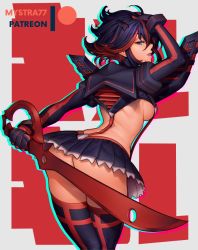 Rule 34 | 1girl, ass, back, black hair, blue eyes, boots, breasts, commentary, covering privates, covering crotch, elbow gloves, english commentary, from behind, gloves, hair ornament, hairclip, hand in own hair, streaked hair, holding, holding weapon, kill la kill, looking at viewer, looking back, matoi ryuuko, medium breasts, miniskirt, multicolored hair, mystra77, no bra, no panties, patreon username, pleated skirt, red hair, revealing clothes, scissor blade (kill la kill), senketsu, short hair, sideboob, skirt, solo, suspenders, thigh boots, thighhighs, two-tone hair, underboob, weapon