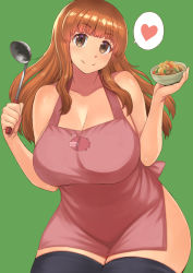 Rule 34 | 1girl, anglerfish, apron, black thighhighs, blunt bangs, bowl, breasts, cleavage, commentary request, cowboy shot, curvy, emblem, fish, girls und panzer, green background, head tilt, heart, holding, holding bowl, holding ladle, huge breasts, kokuriu, ladle, long hair, looking at viewer, naked apron, ooarai school uniform, orange eyes, orange hair, partial commentary, pink apron, school uniform, simple background, solo, spoken heart, standing, stew, takebe saori, thighhighs