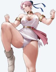 Rule 34 | 1girl, absurdres, armlet, bare shoulders, bracelet, breasts, brown eyes, bun cover, character request, cleavage, collarbone, copyright request, covered erect nipples, dragon quest, dragon quest dai no daibouken, dress, hair bun, highres, jewelry, large breasts, maam, neck ring, necklace, panties, parted bangs, pink hair, short dress, short hair, single hair bun, solo, thighs, underwear, white background, white dress, white panties, yoshio (55level)