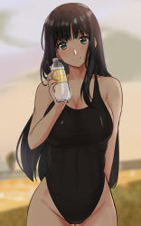 Rule 34 | 1girl, absurdres, amagami, arm behind back, ayatsuji yukari, black eyes, black hair, black one-piece swimsuit, blurry, blurry background, bottle, breasts, commentary request, contrapposto, cowboy shot, depth of field, head tilt, highleg, highleg swimsuit, highres, large breasts, long hair, looking at viewer, one-piece swimsuit, parted bangs, smile, solo, standing, swimsuit, thighs, very long hair, yoo tenchi