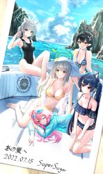 Rule 34 | 5girls, absurdres, ahoge, animal ear fluff, animal ears, arm up, armpits, ayane (blue archive), ayane (swimsuit) (blue archive), bare arms, bare legs, bare shoulders, barefoot, bikini, black bikini, black hair, black one-piece swimsuit, blue archive, blue bikini, blue eyes, blue jacket, boat, breasts, cleavage, closed mouth, collarbone, competition swimsuit, covered navel, crossed legs, day, extra ears, eyewear on head, fox ears, frilled bikini, frills, front-tie bikini top, front-tie top, green eyes, grey hair, halo, halterneck, hands on own thighs, hat, highleg, highleg swimsuit, highres, hoshino (blue archive), hoshino (swimsuit) (blue archive), jacket, large breasts, long hair, looking at viewer, lying, medium breasts, midriff, multiple girls, navel, nonomi (blue archive), nonomi (swimsuit) (blue archive), off shoulder, one-piece swimsuit, one eye closed, open clothes, open shirt, outdoors, parted lips, photo (object), pink hair, pointy ears, ponytail, red eyes, see-through, serika (blue archive), serika (swimsuit) (blue archive), shiroko (blue archive), shiroko (swimsuit) (blue archive), short ponytail, side-tie bikini bottom, sitting, smile, stomach, string bikini, striped bikini, striped clothes, sun hat, sunglasses, supersugar, swimsuit, thighs, twintails, v-shaped eyebrows, very long hair, watercraft, white headwear, yellow bikini, yellow eyes, yokozuwari