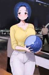 Rule 34 | 1boy, 1girl, absurdres, ball, black pants, blush, bowling alley, bowling ball, bowling pin, breast press, breasts, buttons, closed mouth, faceless, faceless male, highres, hitodama (madatohi), holding, holding ball, idolmaster, idolmaster (classic), indoors, large breasts, looking at viewer, miura azusa, pants, red eyes, shirt, short hair, solo focus, sweat, symbol-only commentary, white pants, yellow shirt