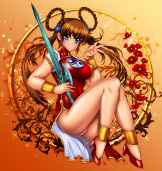 Rule 34 | 1990s (style), 1girl, anklet, blush, bracelet, breasts, brown hair, china dress, chinese clothes, dress, female focus, gradient background, green eyes, hair rings, jewelry, jian (weapon), john r, large breasts, long hair, mamono hunter youko, mano youko, panties, pantyshot, pink panties, retro artstyle, shoes, side slit, sitting, smile, solo, sword, twintails, underwear, weapon, yin yang