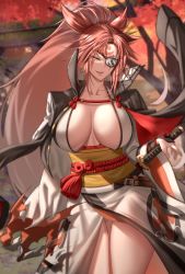 Rule 34 | 1girl, amputee, anima (togashi), baiken, big hair, black kimono, breasts, cleavage, facial tattoo, guilty gear, guilty gear strive, hair over eyes, hair over one eye, highres, huge breasts, japanese clothes, kataginu, kimono, large breasts, long bangs, long hair, multicolored clothes, multicolored kimono, one-eyed, pink hair, ponytail, revision, sash, scar, scar across eye, scar on face, smile, standing, tattoo, very long hair, white kimono