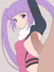 Rule 34 | 1boy, 1girl, ?, arm up, armpit sex, black sleeves, blunt bangs, blush, breasts, censored, clothed female nude male, covered erect nipples, grey background, hetero, highres, kiikii (kitsukedokoro), leotard, long hair, looking at penis, mosaic censoring, nude, penis, pink leotard, purple eyes, purple hair, scarf, small breasts, solo focus, sophie (tales), spoken question mark, tales of (series), tales of graces, tight clothes, twintails, very long hair, white scarf