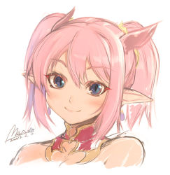 Rule 34 | 10s, 1girl, 2013, bare shoulders, blue eyes, blush, dated, detached collar, earrings, eyebrows, head tilt, horns, jewelry, lilim (shingeki no bahamut), looking at viewer, mel/a, pink hair, pointy ears, portrait, scrunchie, shingeki no bahamut, short twintails, signature, sketch, slit pupils, smile, solo, twintails, white background