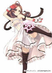 Rule 34 | 1girl, ahoge, bare shoulders, breasts, brown eyes, brown hair, cleavage, clothes between thighs, convenient skirt, dress, frills, gloves, keypot, leg up, long hair, million chain, official art, solo, standing, standing on one leg, thighhighs, white background, white dress