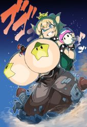 Rule 34 | 1boy, 1girl, between breasts, blonde hair, blue eyes, bowsette, bracelet, breasts, castle, collar, crown, destruction, giant, giantess, giga bowser, gigantic breasts, grin, growth, jewelry, mario, mario (series), mega mushroom, night, night sky, nintendo, outgrowing, pasties, person between breasts, shell, size difference, sky, smile, spikes, star (symbol), star pasties, super crown, super smash bros., topless