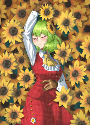 Rule 34 | 1girl, absurdres, arm up, blush, breasts, brown gloves, closed eyes, closed mouth, flower, gloves, hair flower, hair ornament, highres, kazami yuuka, large breasts, long sleeves, lying, neo lyte, on back, short hair, smile, solo, sunflower, sunflower hair ornament, touhou