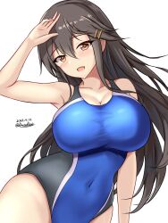 Rule 34 | 1girl, arm up, black hair, blue one-piece swimsuit, breasts, brown eyes, cleavage, collarbone, competition swimsuit, covered navel, cowboy shot, dated, hair ornament, hairclip, haruna (kancolle), highres, kantai collection, large breasts, long hair, looking at viewer, montemasa, one-piece swimsuit, open mouth, signature, simple background, smile, solo, standing, swimsuit, white background