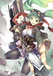 Rule 34 | &gt;:d, 1girl, :d, absurdres, black pantyhose, bracelet, corset, foreshortening, goggles, goggles on head, green eyes, green hair, gun, highres, huangquan dong (sinchi), jewelry, long hair, matching hair/eyes, open mouth, original, pantyhose, rifle, scarf, scope, smile, solo, twintails, v-shaped eyebrows, weapon