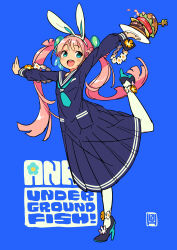 Rule 34 | 1girl, :d, absurdres, blue background, blue eyes, blue sailor collar, burger, flower, food, hair ornament, high heels, highres, himukai yuuji, holding, holding plate, looking at viewer, open mouth, original, outstretched arms, pantyhose, pink hair, plate, rabbit hair ornament, sailor collar, school uniform, signature, simple background, smile, solo, standing, standing on one leg, twintails, white pantyhose