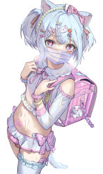 Rule 34 | 1boy, animal ears, aqua hair, aqua nails, backpack, bag, belly, blue hair, blue nails, bow, bow skirt, cat ears, cat hair ornament, cat paw, condom, condom in clothes, condom on penis, crime prevention buzzer, crossdressing, cum, cum on body, detached sleeves, erection, food-themed hair ornament, hair bow, hair ornament, hairclip, hands on own chest, heart, heart-shaped pupils, highres, looking at viewer, mask, miniskirt, navel, original, penis, pink bag, pink bow, pink bracelet, pink eyes, pink ribbon, pubic tattoo, rabbit charm, randoseru, ribbon, sex toy, shirt, simple background, skirt, sleeveless, steam, strawberry hair ornament, symbol-shaped pupils, tattoo, thighhighs, trap, twintails, used condom, vibrator, white background, white shirt, white sleeves, white thighhighs, yellow bracelet, yoruhachi, yume kawaii