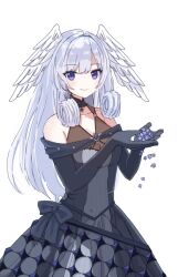 Rule 34 | 1girl, bare shoulders, black bow, black dress, black gloves, bow, breasts, cleavage, closed mouth, collarbone, dress, elbow gloves, feathered wings, flower, gloves, grey hair, hands up, head wings, highres, long hair, medium breasts, melia antiqua, mo equal pu, purple eyes, purple flower, see-through, see-through cleavage, simple background, smile, solo, very long hair, white background, white wings, wings, xenoblade chronicles (series), xenoblade chronicles 1, xenoblade chronicles 3