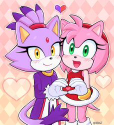 Rule 34 | 2girls, amy rose, animal ears, blaze the cat, cat ears, cat girl, cat tail, dress, fur-trimmed gloves, fur trim, furry, furry female, gloves, green eyes, hairband, heart, highres, hobi (4622j), jacket, multiple girls, open mouth, pants, pink fur, ponytail, purple fur, purple jacket, red dress, red hairband, smile, sonic (series), tail, white gloves, white pants, yellow eyes