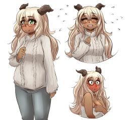 Rule 34 | 1girl, aran sweater, bare shoulders, blush, breasts, cable knit, cleavage, closed eyes, constricted pupils, denim, embarrassed, full-face blush, glasses, goat girl, goat horns, gray topwear, green eyes, horns, jeans, large breasts, light brown hair, liliana rodica, long hair, long sleeves, monster girl, multiple views, okamaka, open mouth, original, pants, simple background, smile, sweater, towel, turtleneck, upper body, white background