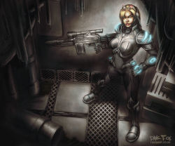 Rule 34 | armor, blonde hair, boots, breasts, costume, ghost, green eyes, lipstick, long hair, makeup, nova (starcraft), power armor, starcraft, tagme