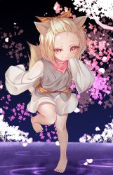 Rule 34 | animal ears, ash blossom &amp; joyous spring, barefoot, brown hair, cherry blossoms, duel monster, falling petals, forehead, full body, highres, japanese clothes, kimono, looking at viewer, miyajima (anthem-anthem), petals, ripples, scarf, short hair, short kimono, smug, standing, standing on liquid, standing on one leg, tail, tongue, tongue out, tree, very long sleeves, water, white kimono, yu-gi-oh!