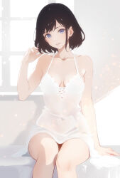Rule 34 | 1girl, arm at side, bare shoulders, blue eyes, blush, breasts, brown hair, collarbone, day, dress, female focus, hand up, highres, indoors, knees together feet apart, light blush, light particles, looking at viewer, medium breasts, navel, original, parted lips, playing with own hair, see-through, see-through dress, short dress, short hair, sidelocks, sitting, skindentation, sleeveless, sleeveless dress, solo, spaghetti strap, suahh, teeth, thighs, white dress, white theme, window