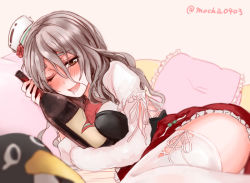 Rule 34 | 1girl, alcohol, between breasts, blush, bottle, breasts, brown eyes, drunk, failure penguin, grey hair, hair between eyes, holding, holding bottle, kantai collection, long hair, long sleeves, lying, medium breasts, moka (mocha0403), on side, one-hour drawing challenge, one eye closed, open mouth, pillow, pleated skirt, pola (kancolle), red skirt, saliva, skirt, smile, thighhighs, twitter username, white thighhighs