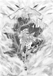Rule 34 | 1girl, crazy, embodiment of scarlet devil, female focus, flandre scarlet, grey theme, greyscale, hand on own face, hat, michiking, mob cap, monochrome, solo, touhou