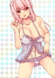 Rule 34 | 1girl, babydoll, breasts, chemise, cleavage, female focus, food, frills, headphones, large breasts, lingerie, long hair, looking at viewer, macaron, midriff, nightgown, nitroplus, obybuss, open mouth, panties, pastry, pink hair, polka dot, polka dot background, red eyes, see-through, smile, solo, super sonico, underwear