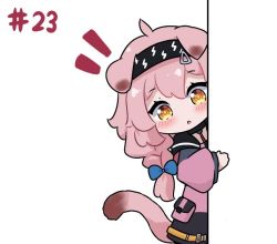Rule 34 | 1girl, :o, animal ears, arknights, black hairband, blue bow, blush, bow, braid, cat ears, cat girl, cat tail, chibi, coat, goldenglow (arknights), hair bow, hairband, kurotofu, lightning bolt print, long hair, long sleeves, looking at viewer, parted lips, peeking out, pink coat, pink hair, side braid, simple background, solo, tail, white background, yellow eyes