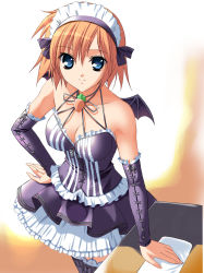 Rule 34 | 1990s (style), 1girl, bare shoulders, bat wings, blue eyes, breasts, brown hair, cleavage, detached sleeves, frills, gothic lolita, highres, kugahara mimori, lolita fashion, maid, medium breasts, pia carrot (series), pia carrot e youkoso!!, retro artstyle, solo, thighhighs, waitress, wings, zettai ryouiki