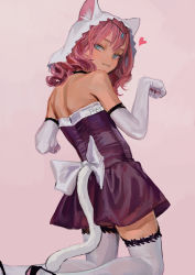Rule 34 | 1girl, animal ears, bare shoulders, blue eyes, blush, cat ears, cat tail, closed mouth, dress, elbow gloves, fkey, gloves, heart, kneeling, looking at viewer, looking back, medium hair, original, paw pose, pink background, pink hair, purple dress, short dress, signature, simple background, smile, solo, tail, thighhighs, white gloves, white thighhighs