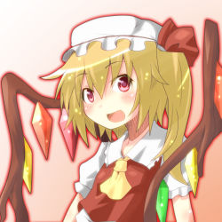Rule 34 | 1girl, ascot, blonde hair, blouse, collared shirt, female focus, flandre scarlet, gradient background, hair between eyes, hat, miiyon, mob cap, open mouth, red eyes, shirt, side ponytail, solo, touhou, upper body, white hat, white shirt, wings