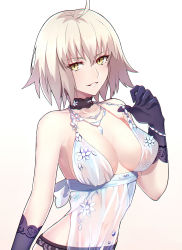 Rule 34 | 1girl, ahoge, artoria pendragon (lancer alter) (fate), artoria pendragon (lancer alter) (royal icing) (fate), babydoll, bare shoulders, black gloves, black panties, blush, breasts, choker, cleavage, collarbone, covered navel, fate/grand order, fate (series), gloves, hair between eyes, highres, jeanne d&#039;arc (fate), jeanne d&#039;arc alter (avenger) (fate), jeanne d&#039;arc alter (fate), jewelry, large breasts, lingerie, looking at viewer, necklace, official alternate costume, panties, parted lips, royal icing, see-through, shigure s, short hair, silver hair, simple background, slit pupils, smile, solo, strap pull, underwear, white babydoll, white background, yellow eyes
