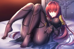 Rule 34 | 1girl, armor, blush, bodystocking, bodysuit, breasts, covered navel, fate/grand order, fate (series), feet, full body, highres, iro ame (amewaagada), legs, long hair, looking at viewer, lying, open mouth, pauldrons, purple bodysuit, purple hair, red eyes, scathach (fate), see-through, shoulder armor, skin tight, soles, solo, toes