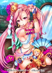Rule 34 | 1girl, ame-no-uzume-no-mikoto, bell, breasts, clip studio paint (medium), copyright name, day, earrings, hair bell, hair ornament, hand fan, japanese mythology, jewelry, large breasts, long hair, looking at viewer, mirror, monkey, navel, official art, pink hair, purple eyes, shinkai no valkyrie, solo, teltelhousi, very long hair