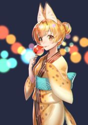 Rule 34 | 10s, 1girl, :3, :p, adapted costume, alternate hairstyle, animal ears, blonde hair, brown hair, candy apple, commentary request, extra ears, food, hair bun, hair up, japanese clothes, kemono friends, kimono, looking at viewer, mucchiri shiitake, print kimono, serval (kemono friends), serval print, single hair bun, smile, solo, tongue, tongue out, wide sleeves