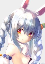 Rule 34 | 1girl, animal ear fluff, animal ears, artist name, bare shoulders, blue hair, braid, breasts, carrot hair ornament, commentary, detached sleeves, don-chan (usada pekora), english commentary, extra ears, food-themed hair ornament, grey background, hair between eyes, hair ornament, highres, hololive, long hair, looking at viewer, multicolored hair, rabbit-shaped pupils, rabbit ears, red eyes, simple background, small breasts, smile, solo, symbol-shaped pupils, takuyarawr, twin braids, two-tone hair, upper body, usada pekora, usada pekora (1st costume), virtual youtuber, white hair