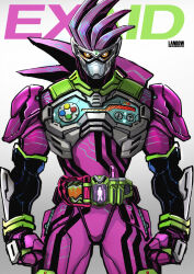 Rule 34 | 1boy, clenched hands, commentary request, controller, driver (kamen rider), game controller, gamepad, gamer driver, highres, holster, kamen rider, kamen rider ex-aid, kamen rider ex-aid (series), lanbow2000, looking at viewer, male focus, mighty action x level 2, rider belt, rider gashat, simple background, solo, tokusatsu, white background