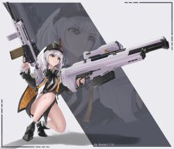 Rule 34 | 1girl, absurdres, anti-materiel rifle, artist name, assault rifle, black bow, black bowtie, black shirt, bow, bowtie, cloak, closed mouth, frown, goddess of victory: nikke, gun, highres, holding, holding weapon, long hair, rifle, ronal 1710, shirt, sniper rifle, snow white (innocent days) (nikke), snow white (nikke), solo, squatting, visor (armor), weapon, white cloak, white hair, yellow eyes, zoom layer