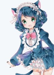 Rule 34 | 10s, 1girl, animal ears, bad id, bad pixiv id, bell, black nails, blue hair, blush, bow, bowtie, cat ears, cat girl, cat tail, curly hair, cyan (show by rock!!), fang, frilled skirt, frills, gothic lolita, green eyes, highres, jingle bell, juliet sleeves, lolita fashion, long sleeves, looking at viewer, maid headdress, nail polish, open mouth, puffy sleeves, show by rock!!, simple background, skirt, solo, tail, traditional media, yuma (mron 322)