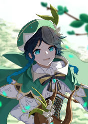 Rule 34 | 1boy, absurdres, androgynous, beret, black hair, blue eyes, blue hair, blurry, blurry foreground, bow, braid, branch, brooch, cape, collared cape, collared shirt, corset, flower, frilled sleeves, frills, gem, genshin impact, gradient hair, green eyes, green hat, hat, hat flower, highres, huang cheng yu, huge filesize, jewelry, leaf, long sleeves, looking at viewer, lyre, male focus, multicolored hair, open mouth, shirt, short hair with long locks, smile, solo, twin braids, venti (genshin impact), white flower, white shirt