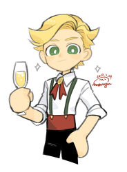 Rule 34 | 1boy, black pants, blonde hair, collared shirt, cookie run, cowboy shot, green eyes, hand on own hip, hand up, happy, highres, holding, holding glass, male focus, pants, personification, rolled up, shirt, sleeves rolled up, smile, sparkle, sparkling cookie, suspenders, upper body, wenyu