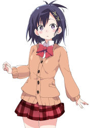 Rule 34 | 1girl, blue hair, blush, bow, bowtie, brown cardigan, cardigan, closed mouth, gabriel dropout, hair ornament, ixy, long sleeves, looking at viewer, plaid, plaid skirt, pleated skirt, purple eyes, red bow, red bowtie, school uniform, shirt, short hair, simple background, skirt, solo, vignette tsukinose april, white background, white shirt, x hair ornament