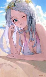 Rule 34 | 1girl, ;d, absurdres, bare shoulders, bikini, black ribbon, blue sky, blush, braid, breasts, choker, chrysanthemum, cleavage, cloud, commission, day, flower, green eyes, grey hair, grin, hair ribbon, head wreath, highres, long hair, lying, medium breasts, on ground, on stomach, one eye closed, open mouth, original, outdoors, parted lips, ribbon, sand, signature, skeb commission, sky, smile, solo, sooon, swimsuit, upper body, virtual youtuber, white bikini, white choker